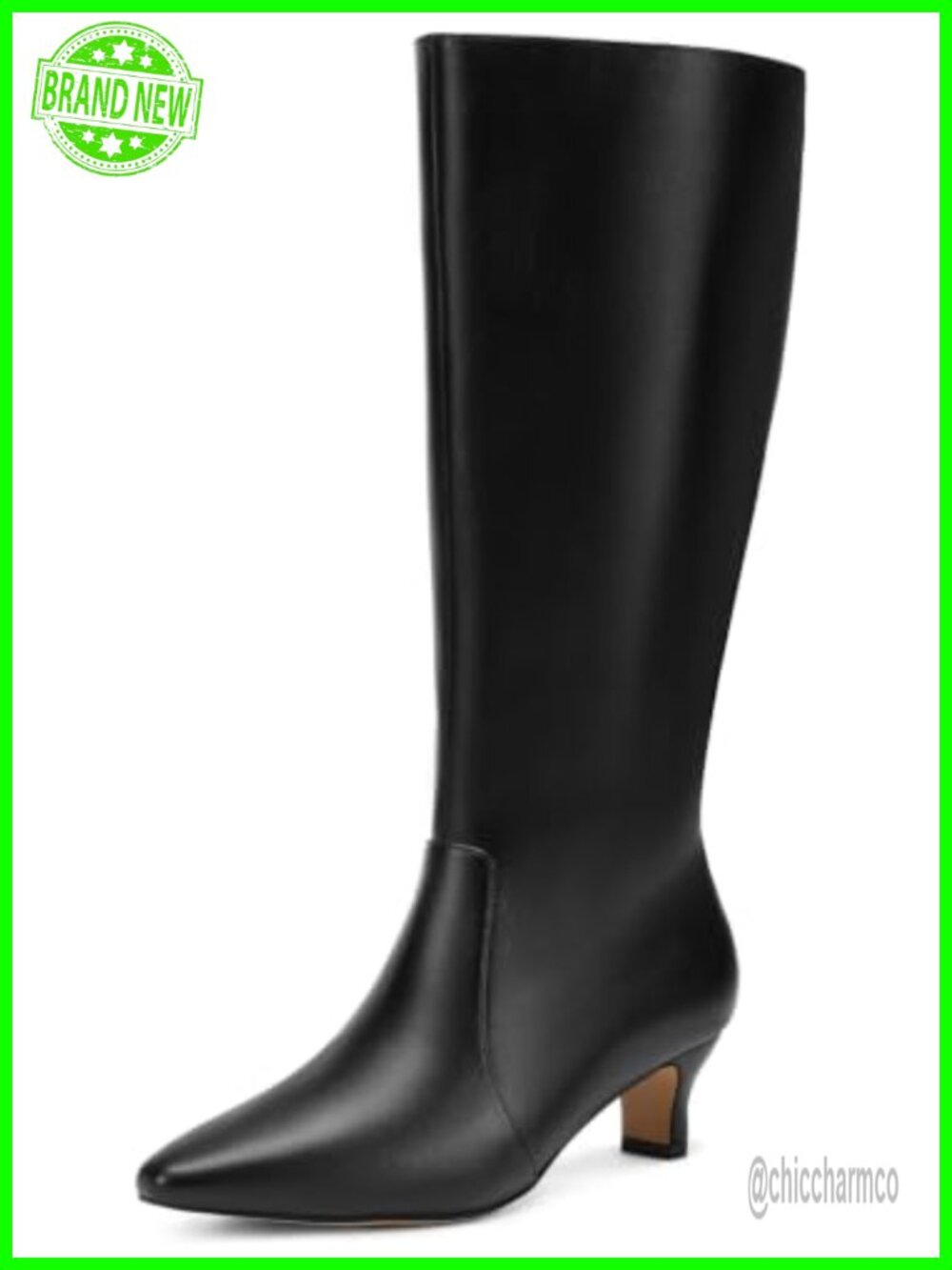 Wide Calf Knee High Boots Kitten Heel Pointed Toe Faux Leather Dress Boots